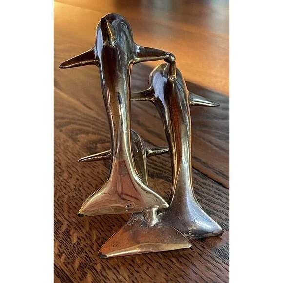 VTG Brass Swimming Jumping Three Dolphins Figurine Sculpture Statue 3.5” Marine - Picture 8 of 11